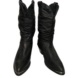 Black Leather Western Cowboy Boots Size 7M Pointed Toe Ruched Metal Tip Womens